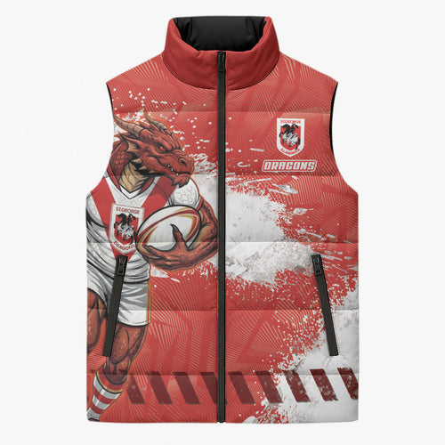 Personalised St. George Illawarra Dragons Rugby Sleeveless Puffer Jacket Red Dragon Mascot - Sporty Splash Art Style