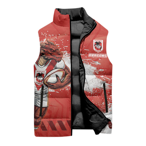Personalised St. George Illawarra Dragons Rugby Sleeveless Puffer Jacket Red Dragon Mascot - Sporty Splash Art Style