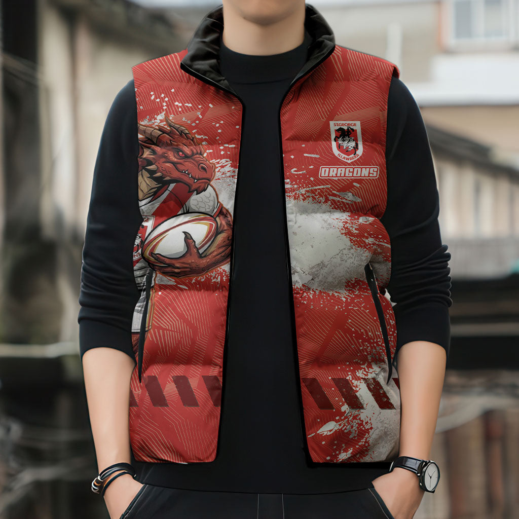 Personalised St. George Illawarra Dragons Rugby Sleeveless Puffer Jacket Red Dragon Mascot - Sporty Splash Art Style