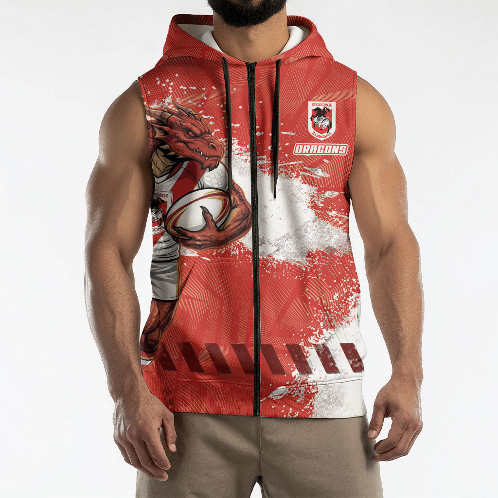 Personalised St. George Illawarra Dragons Rugby Sleeveless Zip Hoodie Red Dragon Mascot - Sporty Splash Art Style
