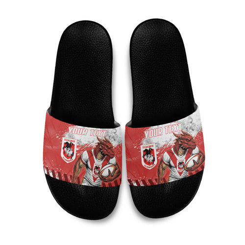 Personalised St. George Illawarra Dragons Rugby Slide Sandals Red Dragon Mascot - Sporty Splash Art Style