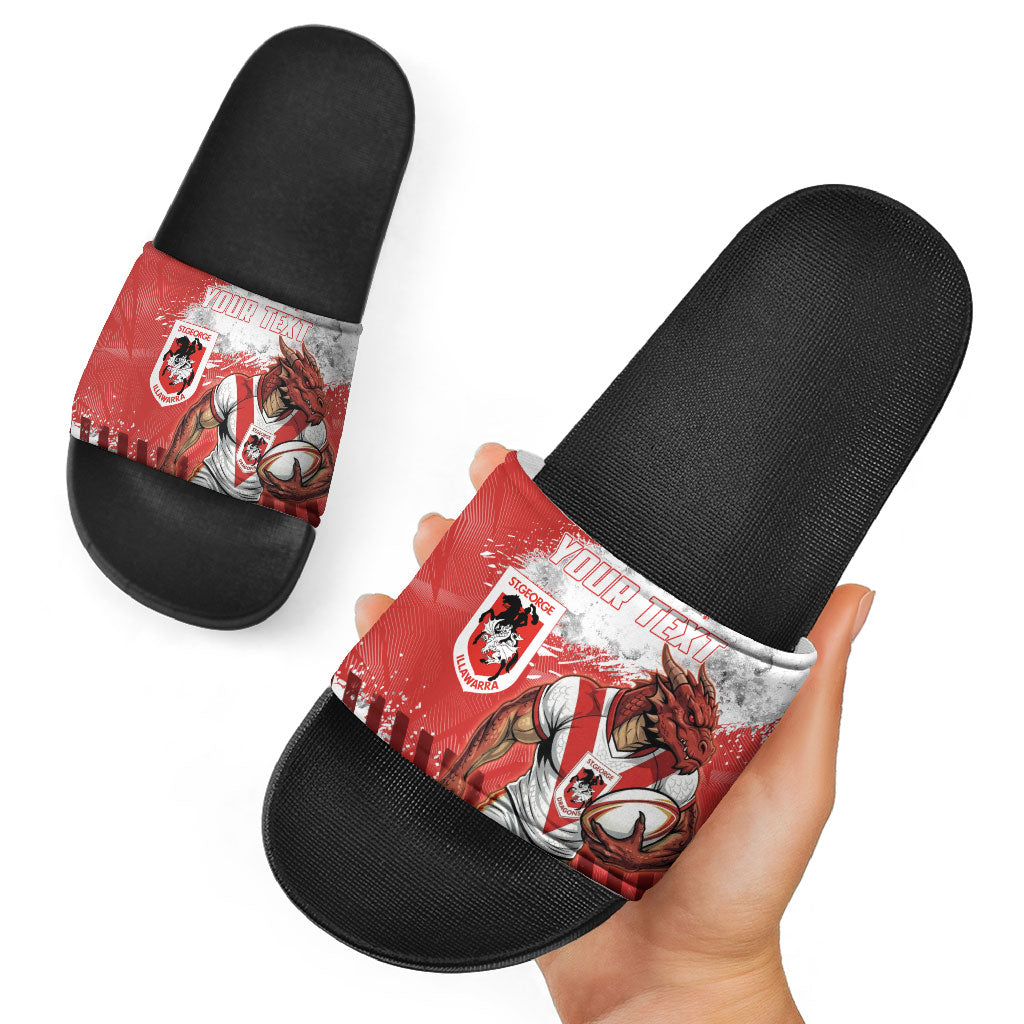 Personalised St. George Illawarra Dragons Rugby Slide Sandals Red Dragon Mascot - Sporty Splash Art Style