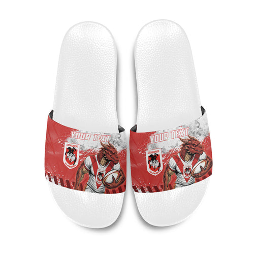 Personalised St. George Illawarra Dragons Rugby Slide Sandals Red Dragon Mascot - Sporty Splash Art Style