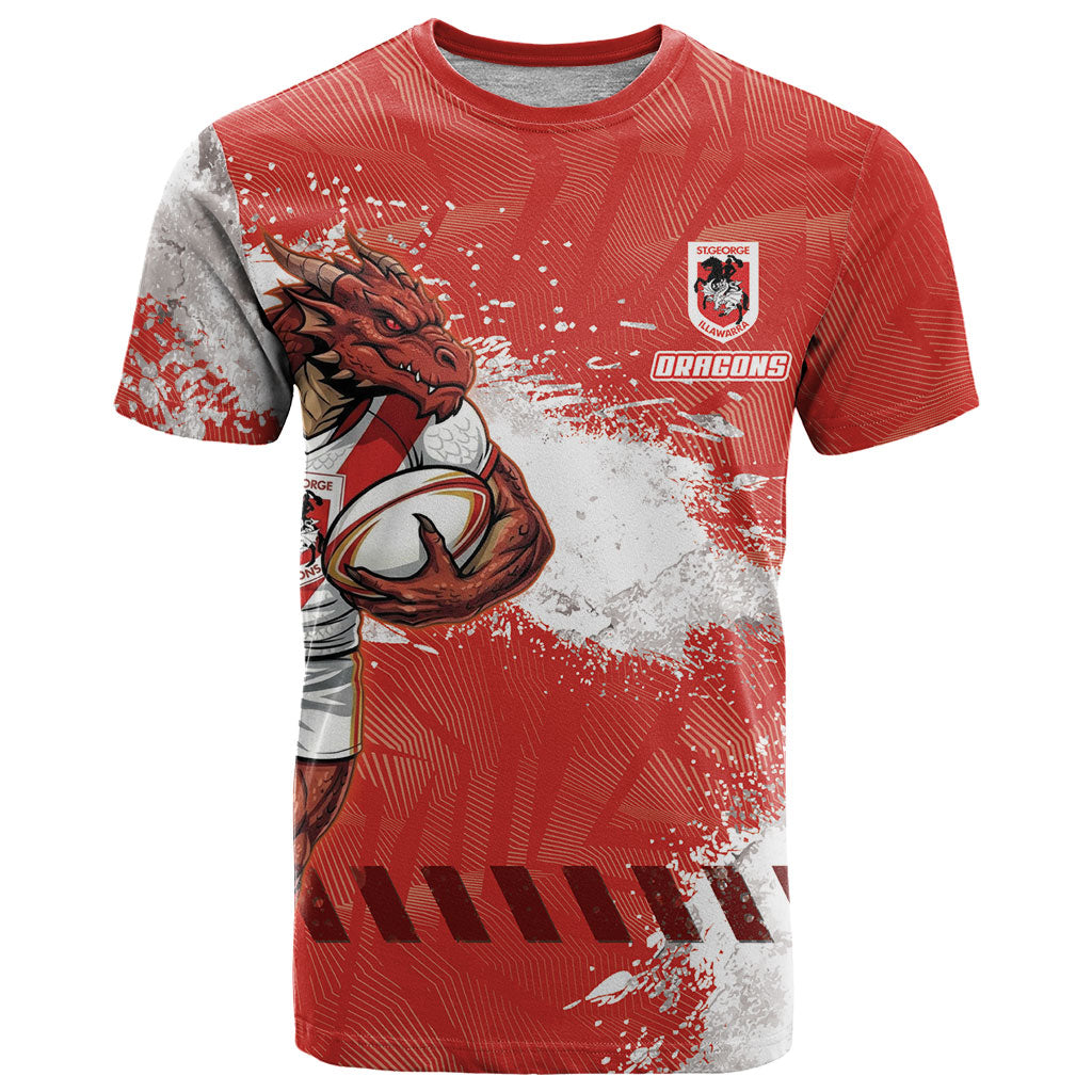 Personalised St. George Illawarra Dragons Rugby T Shirt Red Dragon Mascot - Sporty Splash Art Style