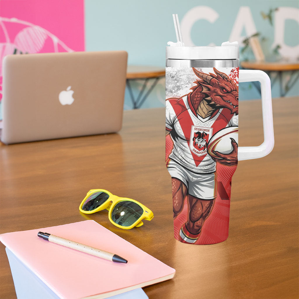 Personalised St. George Illawarra Dragons Rugby Tumbler With Handle Red Dragon Mascot - Sporty Splash Art Style