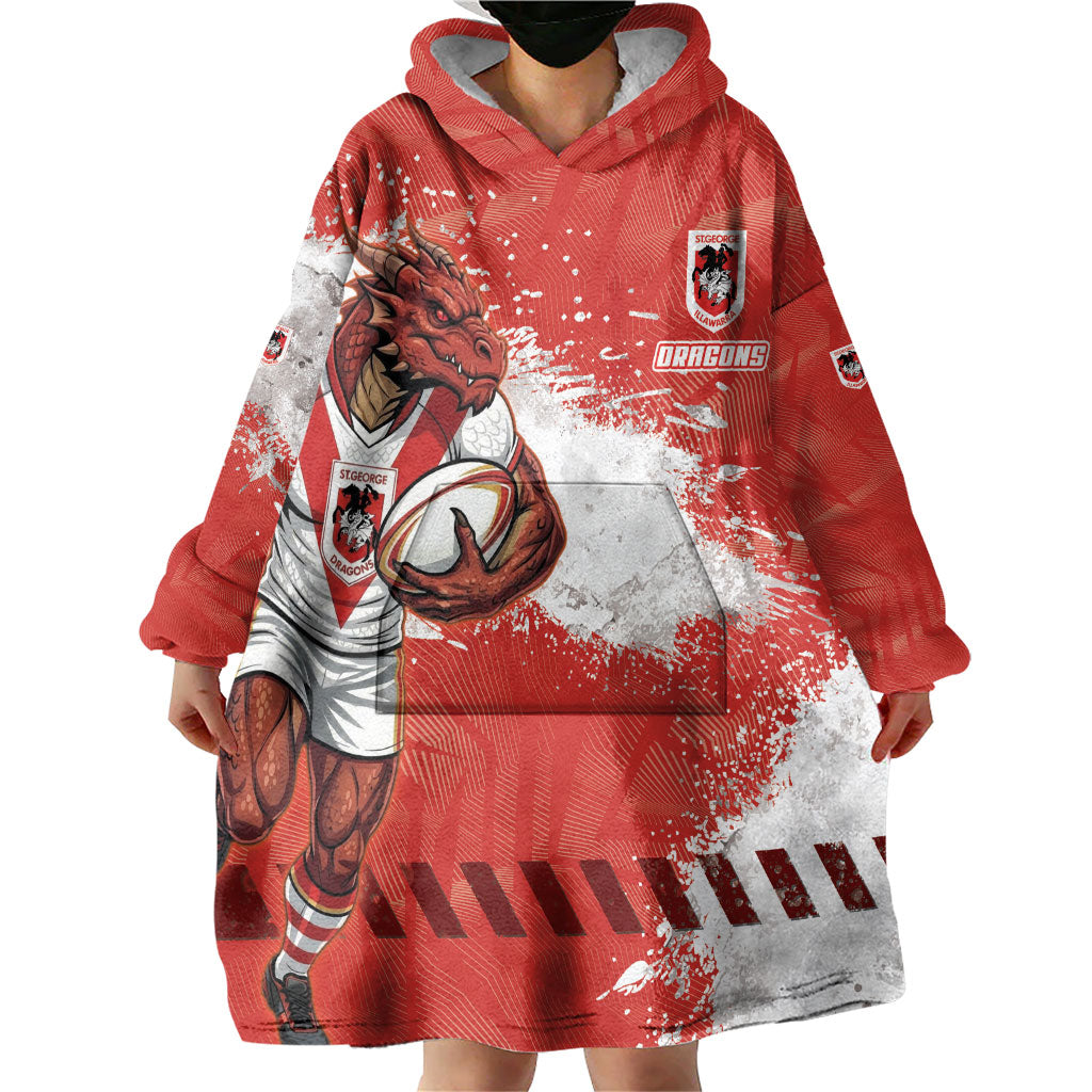 Personalised St. George Illawarra Dragons Rugby Wearable Blanket Hoodie Red Dragon Mascot - Sporty Splash Art Style