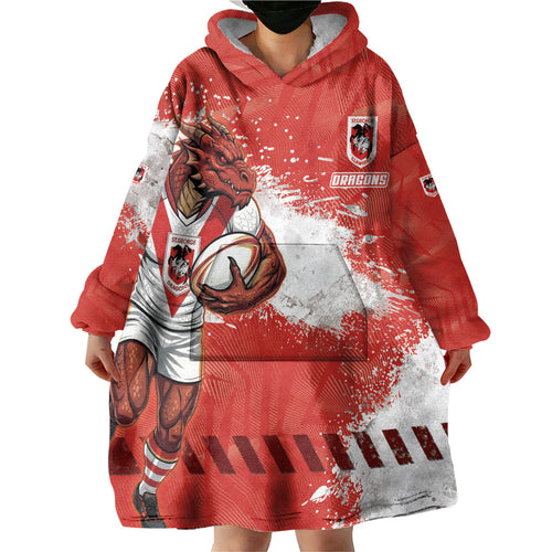 Personalised St. George Illawarra Dragons Rugby Wearable Blanket Hoodie Red Dragon Mascot - Sporty Splash Art Style