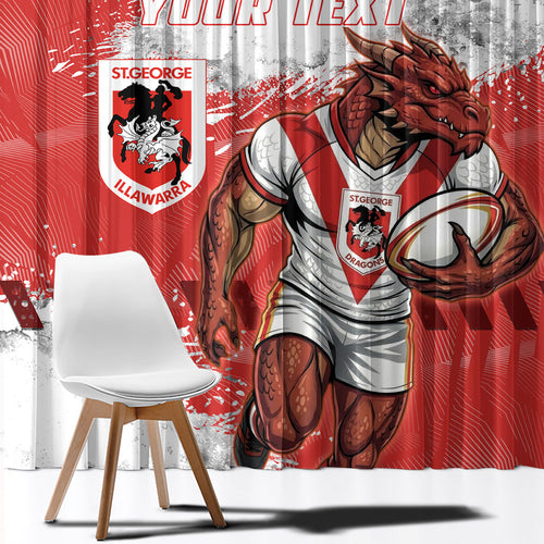 Personalised St. George Illawarra Dragons Rugby Window Curtain Red Dragon Mascot - Sporty Splash Art Style