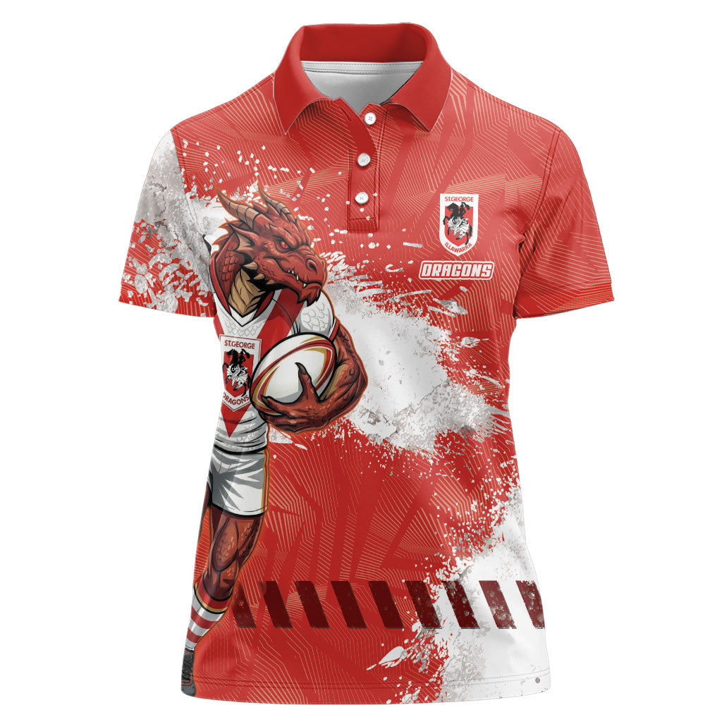 Personalised St. George Illawarra Dragons Rugby Women Polo Shirt Red Dragon Mascot - Sporty Splash Art Style