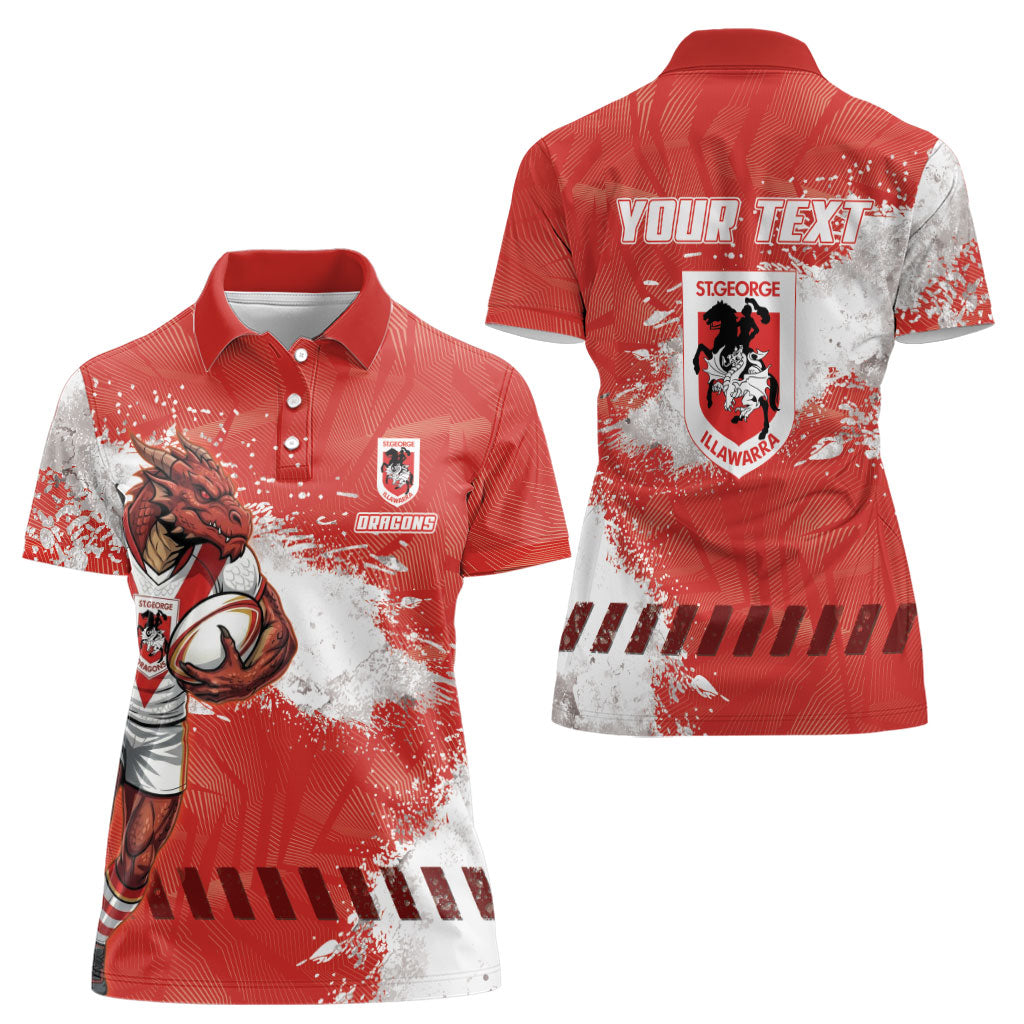Personalised St. George Illawarra Dragons Rugby Women Polo Shirt Red Dragon Mascot - Sporty Splash Art Style