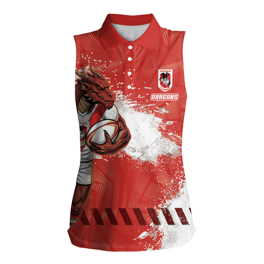 Personalised St. George Illawarra Dragons Rugby Women Sleeveless Polo Shirt Red Dragon Mascot - Sporty Splash Art Style