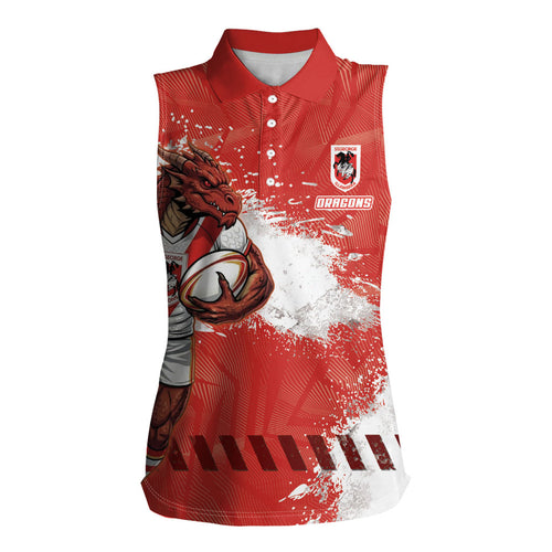 Personalised St. George Illawarra Dragons Rugby Women Sleeveless Polo Shirt Red Dragon Mascot - Sporty Splash Art Style