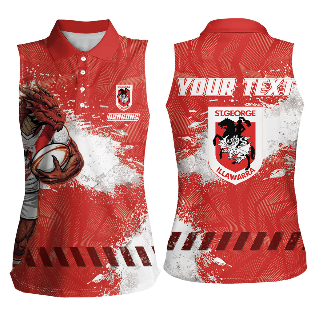 Personalised St. George Illawarra Dragons Rugby Women Sleeveless Polo Shirt Red Dragon Mascot - Sporty Splash Art Style