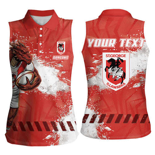 Personalised St. George Illawarra Dragons Rugby Women Sleeveless Polo Shirt Red Dragon Mascot - Sporty Splash Art Style
