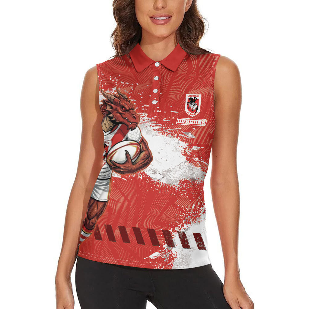 Personalised St. George Illawarra Dragons Rugby Women Sleeveless Polo Shirt Red Dragon Mascot - Sporty Splash Art Style