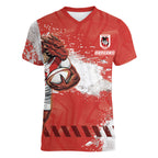 Personalised St. George Illawarra Dragons Rugby Women V-Neck T-Shirt Red Dragon Mascot - Sporty Splash Art Style