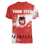 Personalised St. George Illawarra Dragons Rugby Women V-Neck T-Shirt Red Dragon Mascot - Sporty Splash Art Style