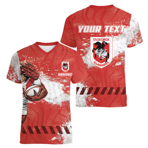 Personalised St. George Illawarra Dragons Rugby Women V-Neck T-Shirt Red Dragon Mascot - Sporty Splash Art Style