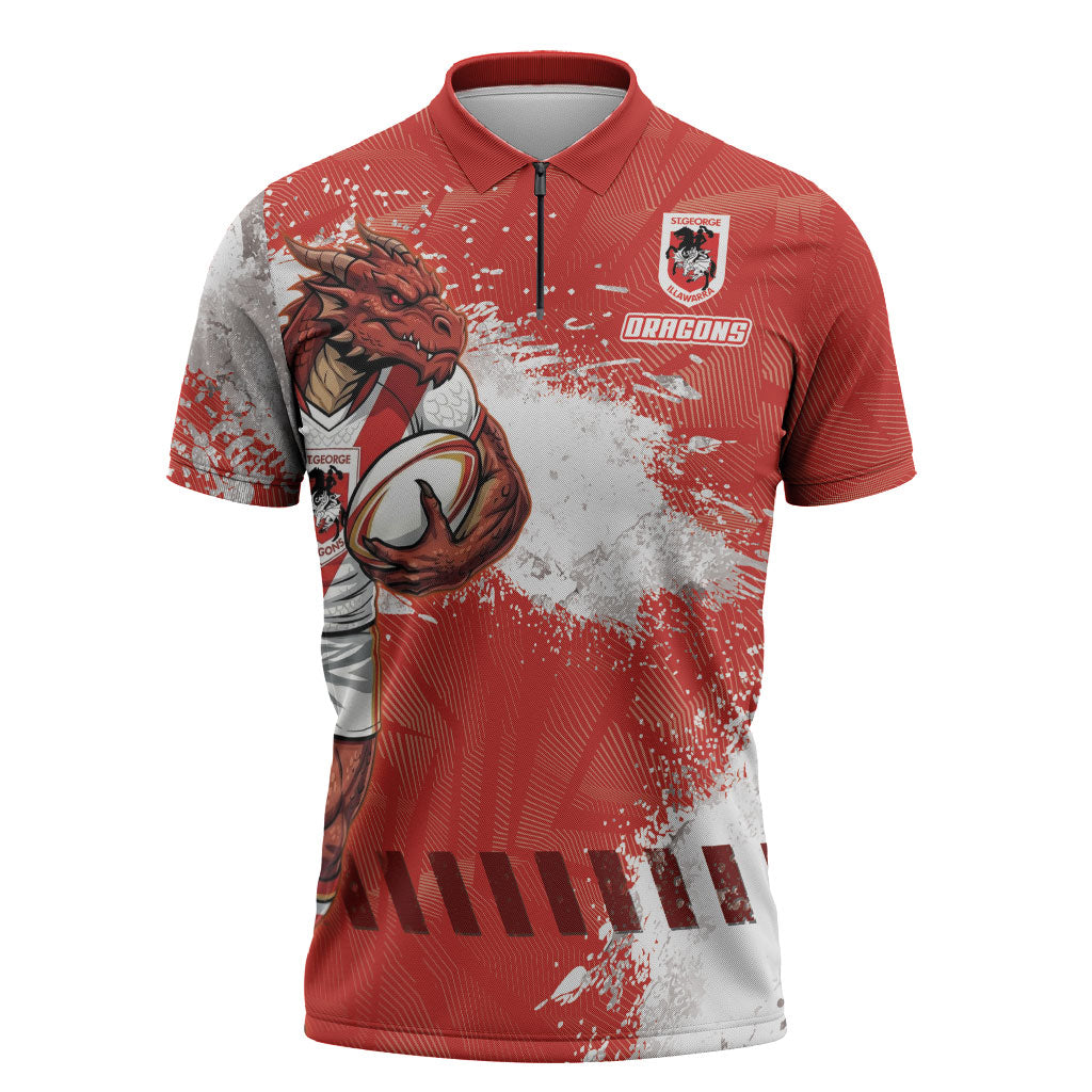 Personalised St. George Illawarra Dragons Rugby Zipper Polo Shirt Red Dragon Mascot - Sporty Splash Art Style