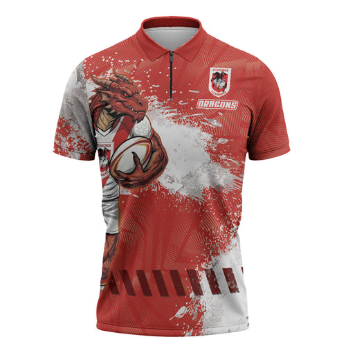 Personalised St. George Illawarra Dragons Rugby Zipper Polo Shirt Red Dragon Mascot - Sporty Splash Art Style