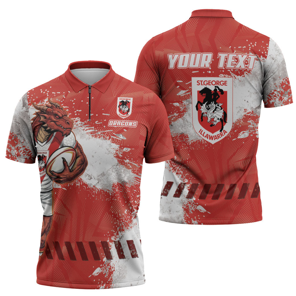 Personalised St. George Illawarra Dragons Rugby Zipper Polo Shirt Red Dragon Mascot - Sporty Splash Art Style