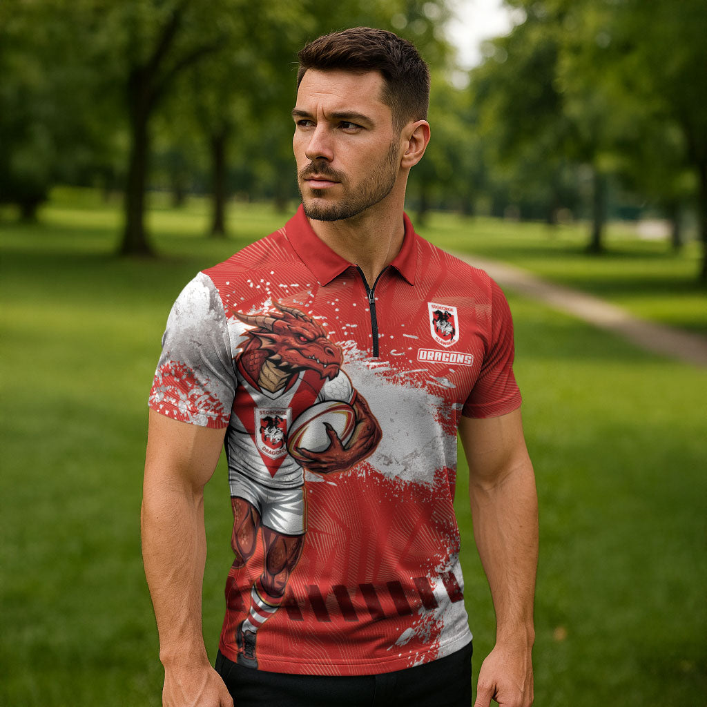 Personalised St. George Illawarra Dragons Rugby Zipper Polo Shirt Red Dragon Mascot - Sporty Splash Art Style