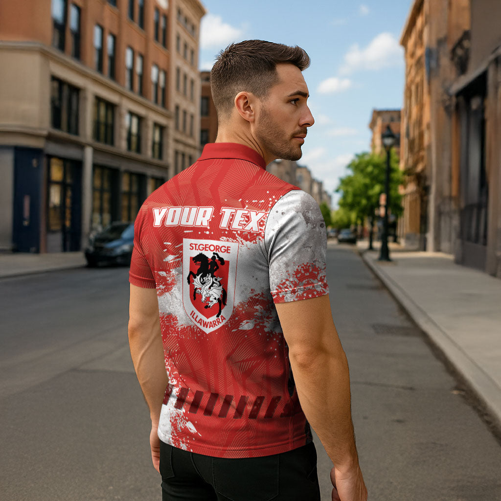 Personalised St. George Illawarra Dragons Rugby Zipper Polo Shirt Red Dragon Mascot - Sporty Splash Art Style