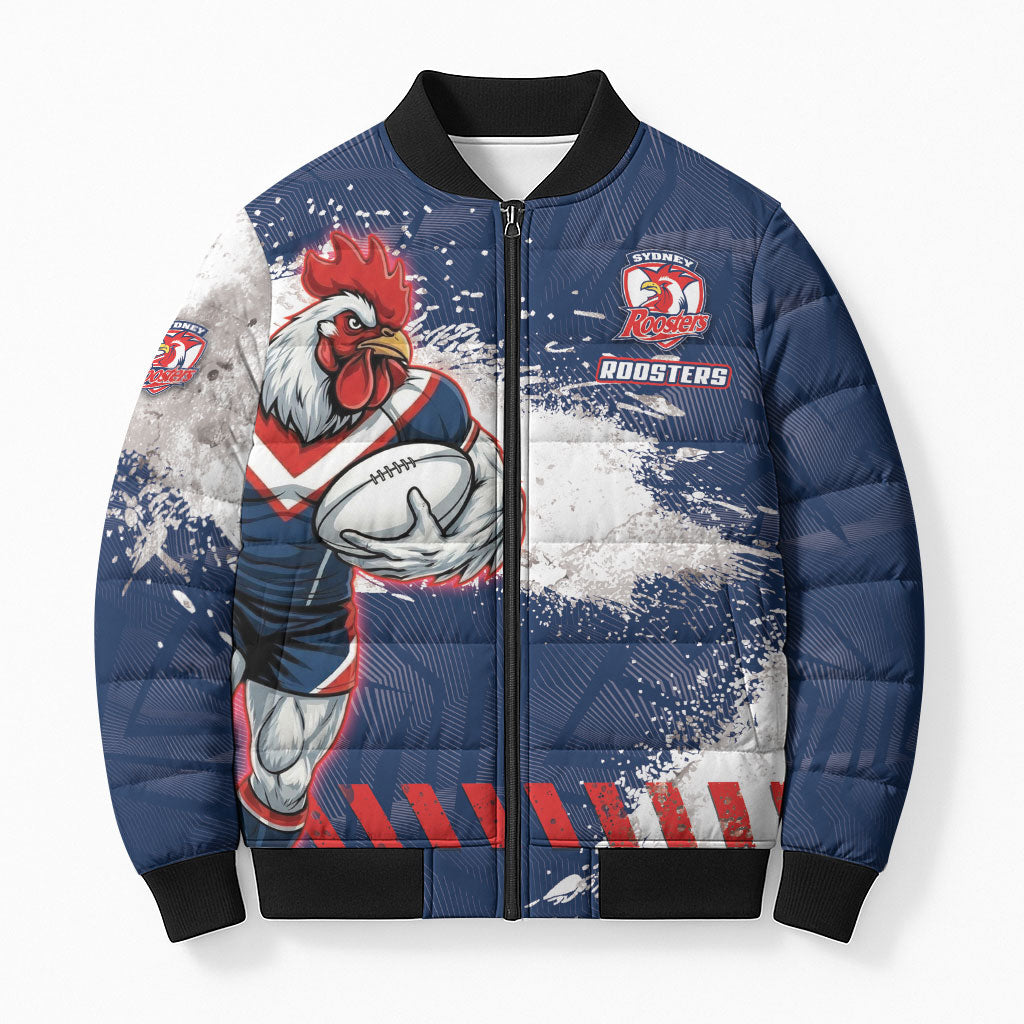 Personalized Sydney Roosters Rugby Bomber Puffer Jacket Rooster Mascot - Sporty Splash Art Style