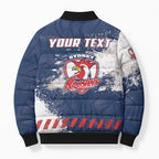 Personalized Sydney Roosters Rugby Bomber Puffer Jacket Rooster Mascot - Sporty Splash Art Style