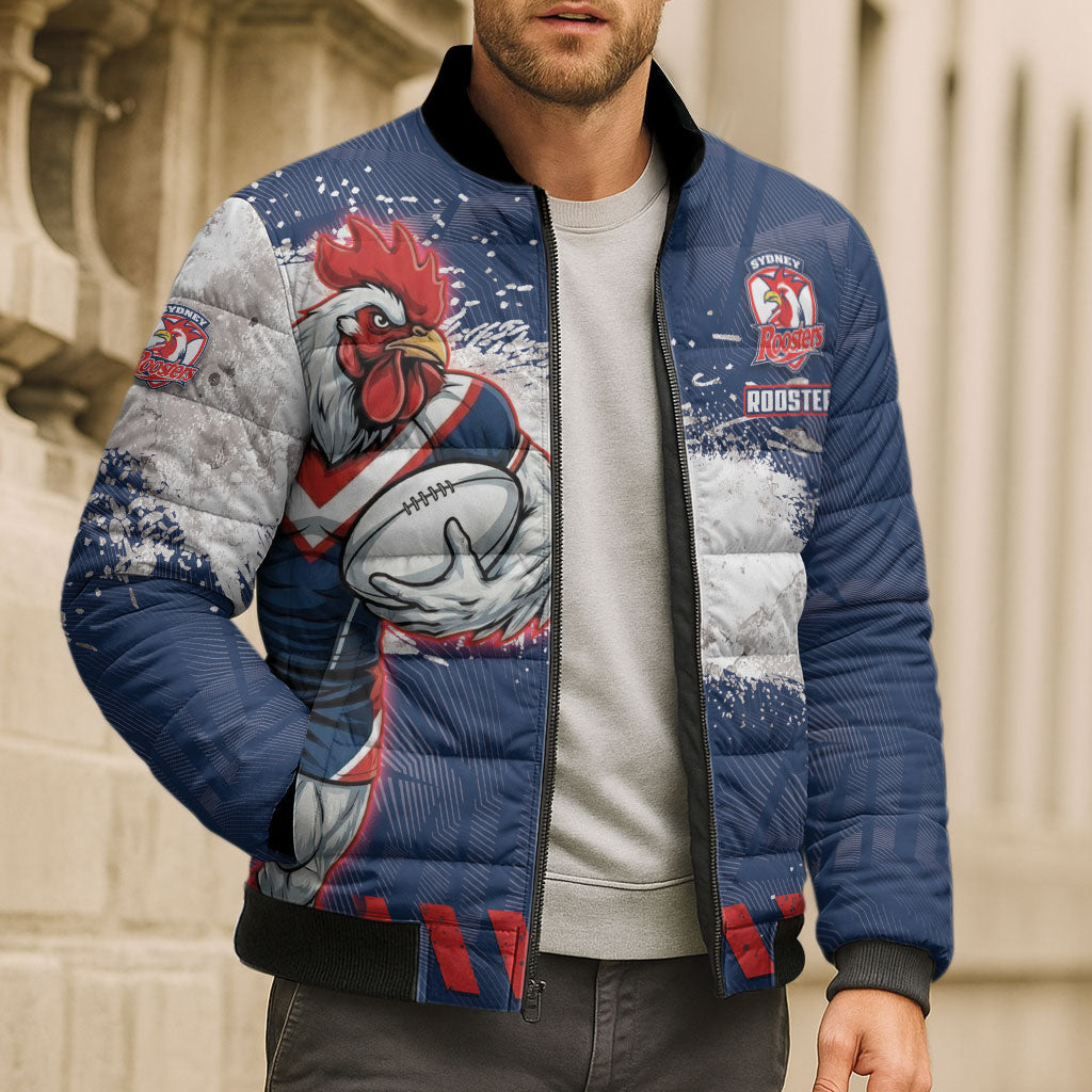 Personalized Sydney Roosters Rugby Bomber Puffer Jacket Rooster Mascot - Sporty Splash Art Style