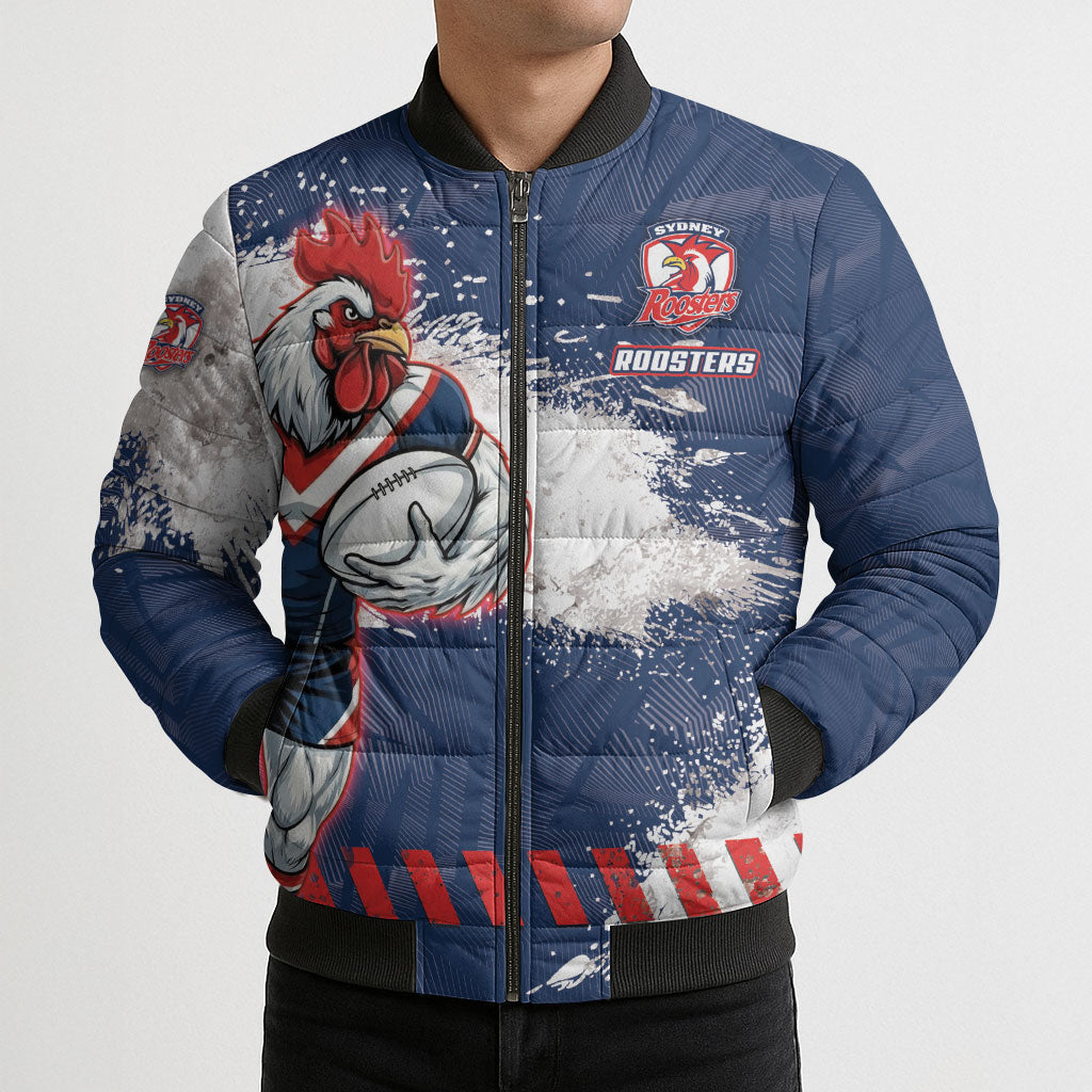 Personalized Sydney Roosters Rugby Bomber Puffer Jacket Rooster Mascot - Sporty Splash Art Style
