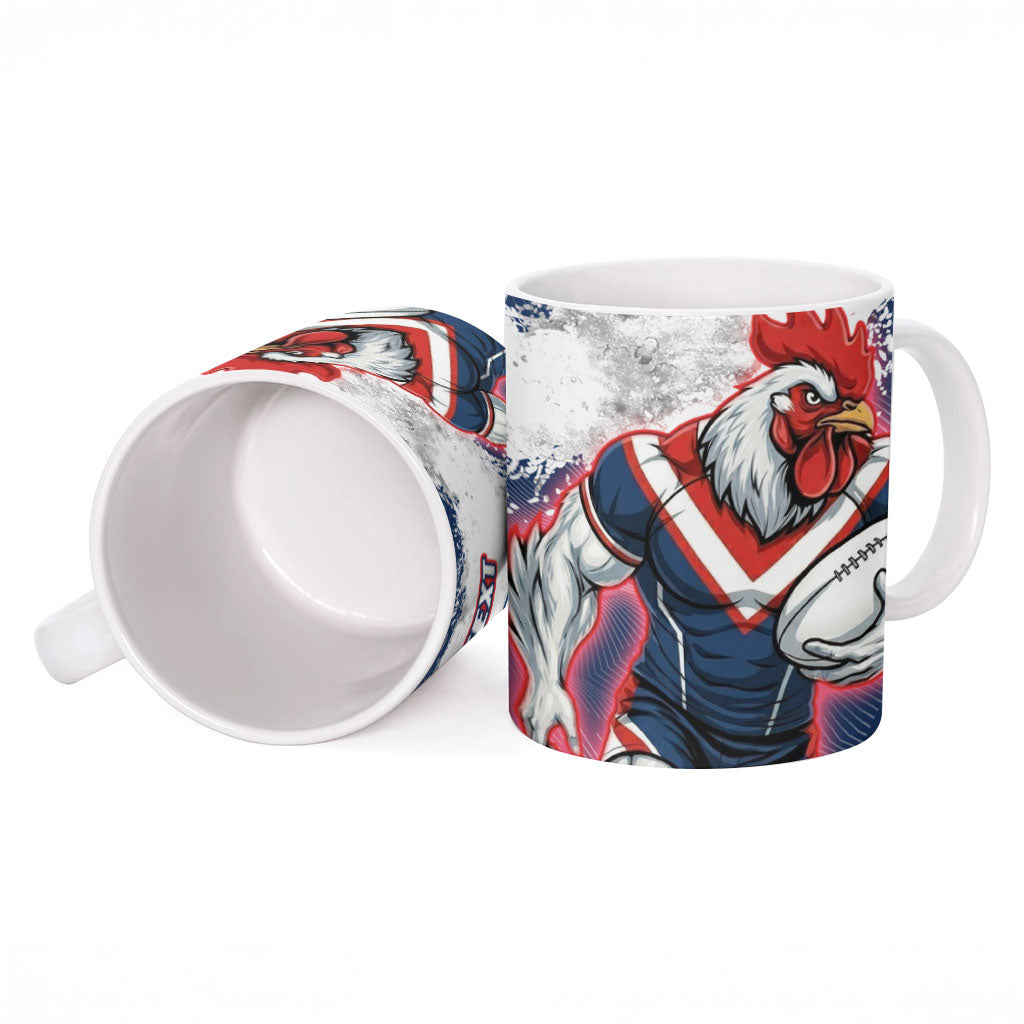 Personalized Sydney Roosters Rugby Ceramic Mug Rooster Mascot - Sporty Splash Art Style