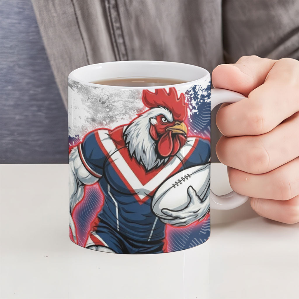 Personalized Sydney Roosters Rugby Ceramic Mug Rooster Mascot - Sporty Splash Art Style