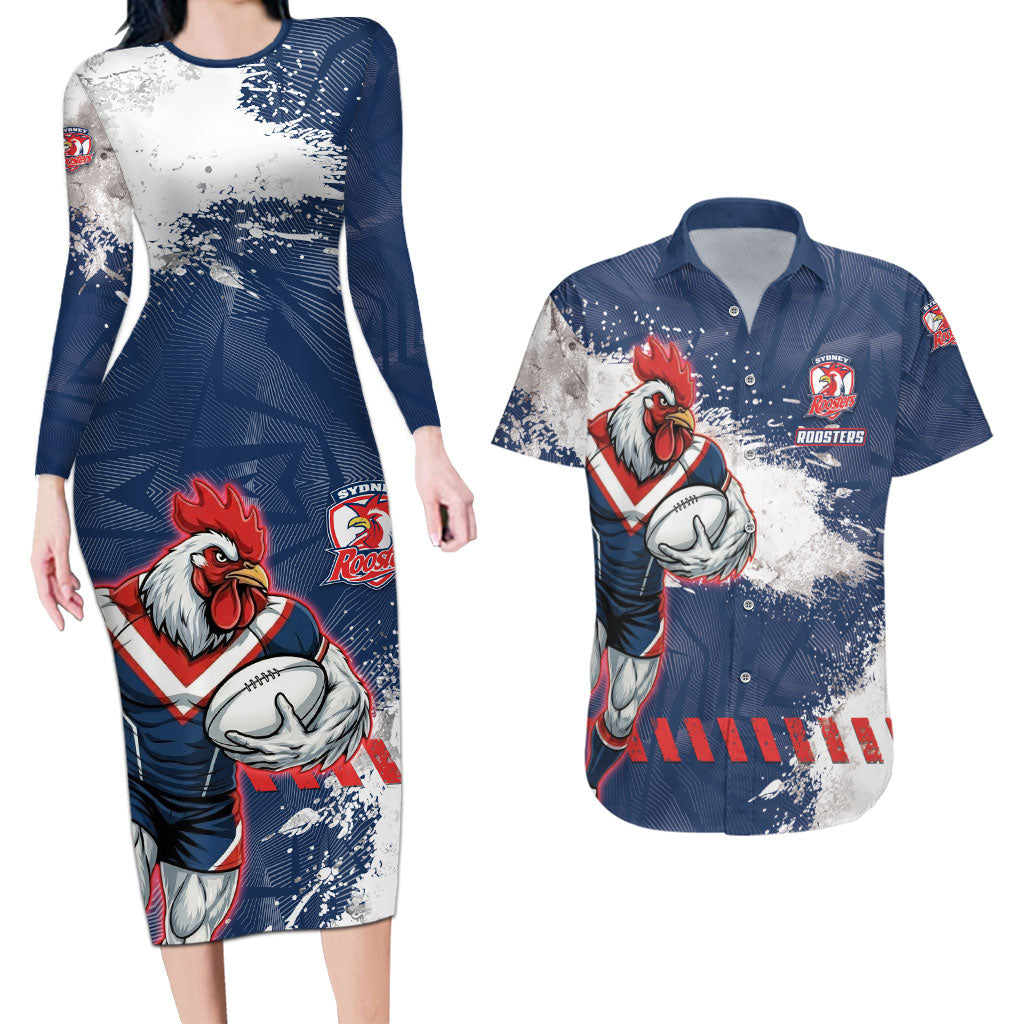 Personalized Sydney Roosters Rugby Couples Matching Long Sleeve Bodycon Dress and Hawaiian Shirt Rooster Mascot - Sporty Splash Art Style