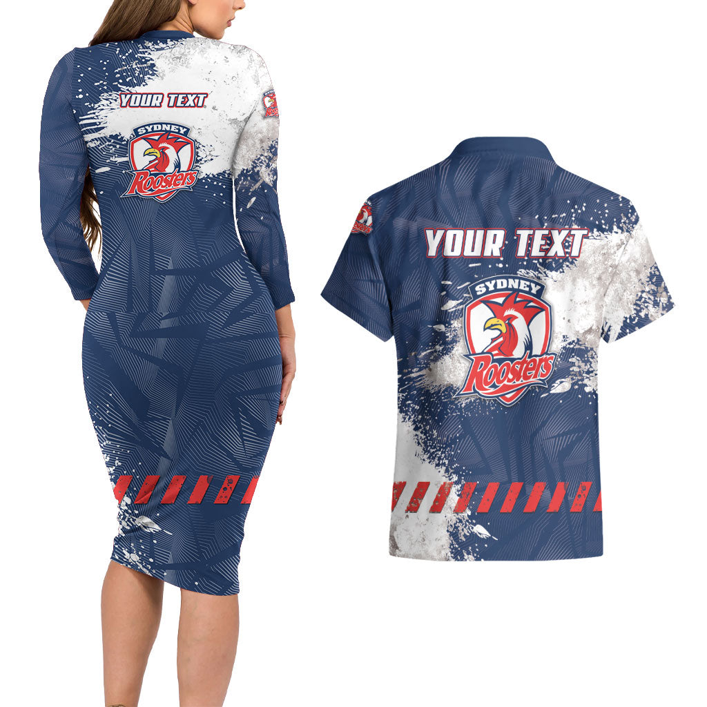 Personalized Sydney Roosters Rugby Couples Matching Long Sleeve Bodycon Dress and Hawaiian Shirt Rooster Mascot - Sporty Splash Art Style