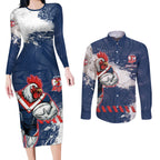 Personalized Sydney Roosters Rugby Couples Matching Long Sleeve Bodycon Dress and Long Sleeve Button Shirt Rooster Mascot - Sporty Splash Art Style