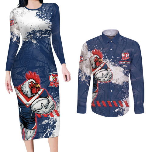 Personalized Sydney Roosters Rugby Couples Matching Long Sleeve Bodycon Dress and Long Sleeve Button Shirt Rooster Mascot - Sporty Splash Art Style