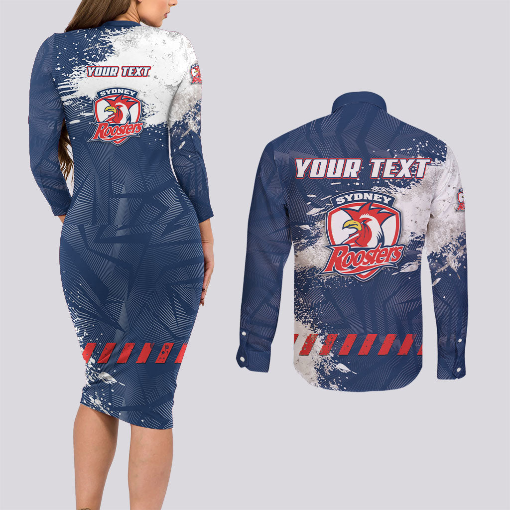 Personalized Sydney Roosters Rugby Couples Matching Long Sleeve Bodycon Dress and Long Sleeve Button Shirt Rooster Mascot - Sporty Splash Art Style