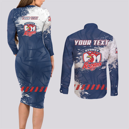 Personalized Sydney Roosters Rugby Couples Matching Long Sleeve Bodycon Dress and Long Sleeve Button Shirt Rooster Mascot - Sporty Splash Art Style