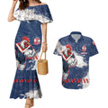 Personalized Sydney Roosters Rugby Couples Matching Mermaid Dress and Hawaiian Shirt Rooster Mascot - Sporty Splash Art Style