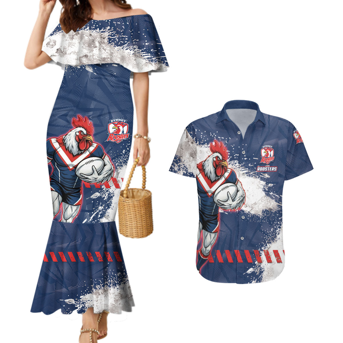 Personalized Sydney Roosters Rugby Couples Matching Mermaid Dress and Hawaiian Shirt Rooster Mascot - Sporty Splash Art Style