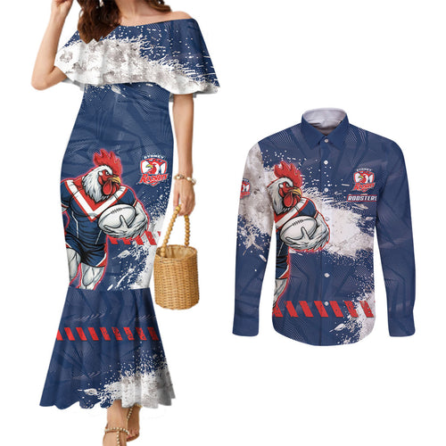 Personalized Sydney Roosters Rugby Couples Matching Mermaid Dress and Long Sleeve Button Shirt Rooster Mascot - Sporty Splash Art Style
