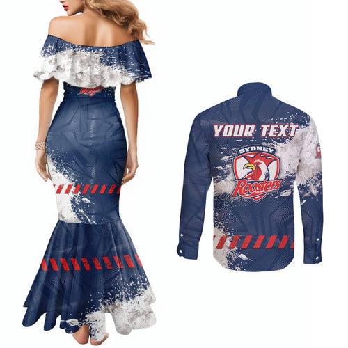 Personalized Sydney Roosters Rugby Couples Matching Mermaid Dress and Long Sleeve Button Shirt Rooster Mascot - Sporty Splash Art Style