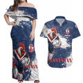Personalized Sydney Roosters Rugby Couples Matching Off Shoulder Maxi Dress and Hawaiian Shirt Rooster Mascot - Sporty Splash Art Style