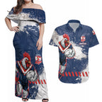 Personalized Sydney Roosters Rugby Couples Matching Off Shoulder Maxi Dress and Hawaiian Shirt Rooster Mascot - Sporty Splash Art Style