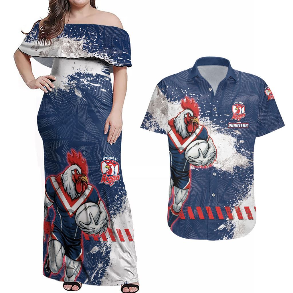 Personalized Sydney Roosters Rugby Couples Matching Off Shoulder Maxi Dress and Hawaiian Shirt Rooster Mascot - Sporty Splash Art Style
