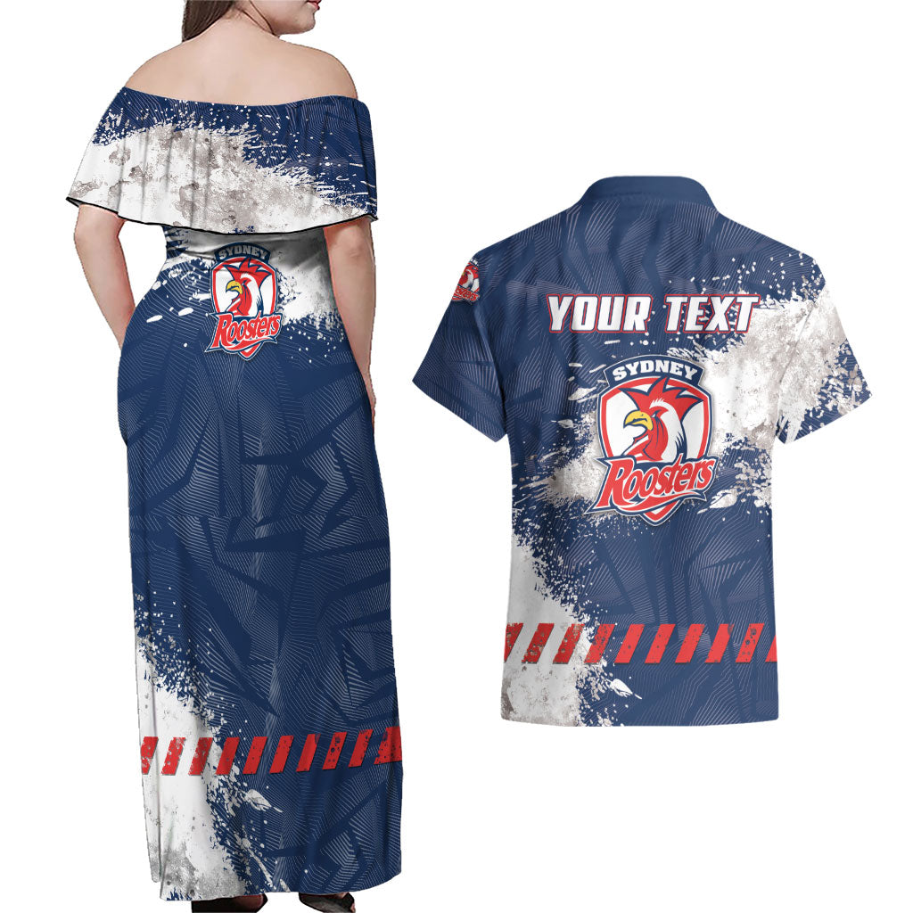 Personalized Sydney Roosters Rugby Couples Matching Off Shoulder Maxi Dress and Hawaiian Shirt Rooster Mascot - Sporty Splash Art Style