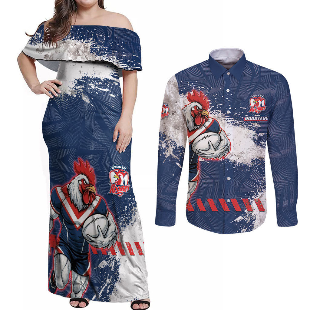 Personalized Sydney Roosters Rugby Couples Matching Off Shoulder Maxi Dress and Long Sleeve Button Shirt Rooster Mascot - Sporty Splash Art Style