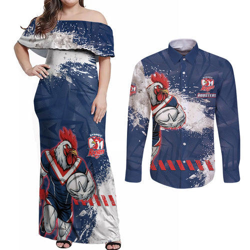 Personalized Sydney Roosters Rugby Couples Matching Off Shoulder Maxi Dress and Long Sleeve Button Shirt Rooster Mascot - Sporty Splash Art Style