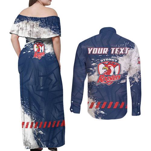 Personalized Sydney Roosters Rugby Couples Matching Off Shoulder Maxi Dress and Long Sleeve Button Shirt Rooster Mascot - Sporty Splash Art Style